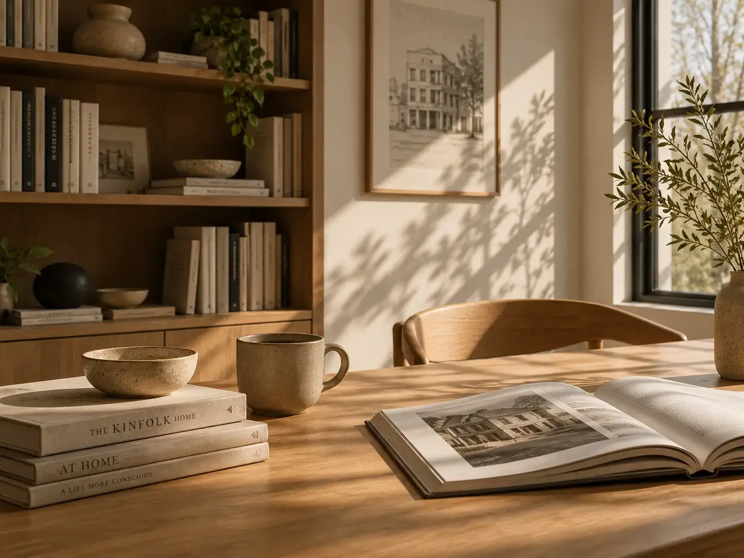 Minimalist Nordic interior with architectural books and a view